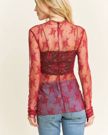 MESH LACE HIGH NECK DESIGN LONG SLEEVE FITTED TOP