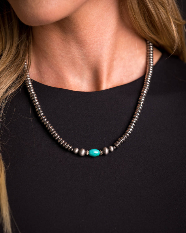 16" Silver Disc Beaded Necklace with Green Turquoise
