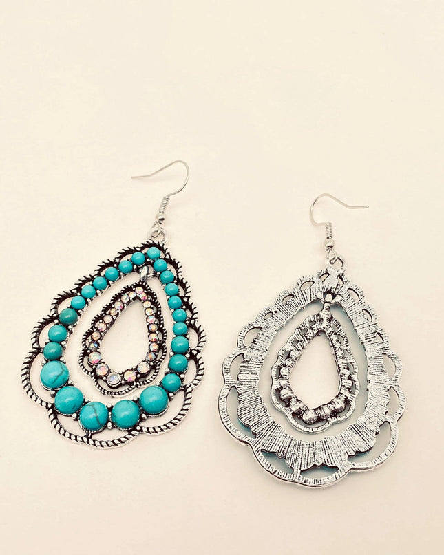 Rhinestone Turquoise Double-layer Drop Dangle Earrings - WJ