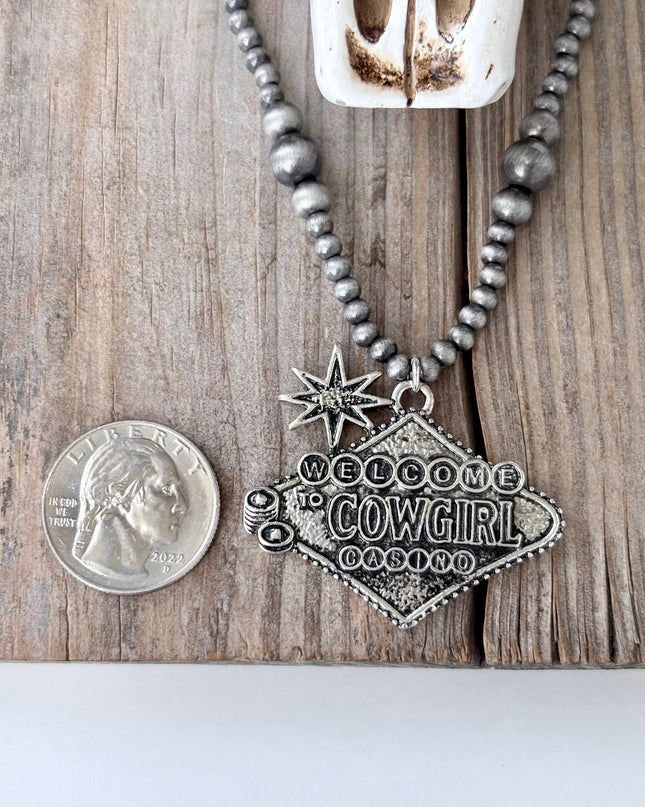 Western Style Navajo Pearl "WELCOM COWGIRL" Pendant Necklace