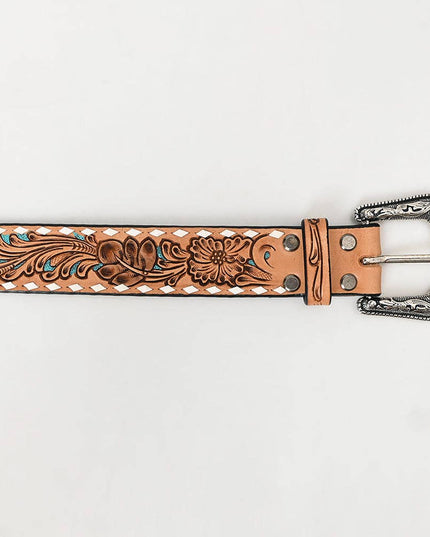LC-ADBLF258 Tan Floral Tooled Leather Belt with Turquoise Accents and Whipstitch Edge