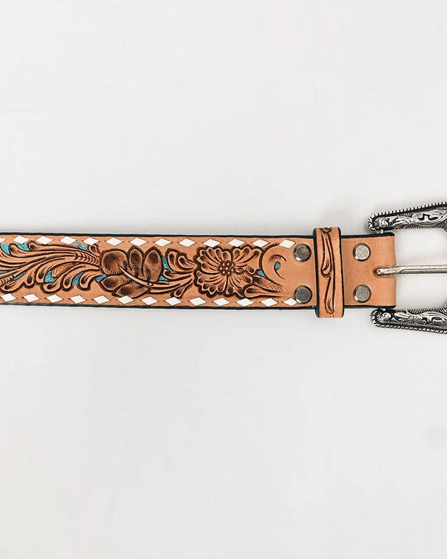 LC-ADBLF258 Tan Floral Tooled Leather Belt with Turquoise Accents and Whipstitch Edge