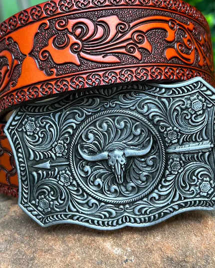 DEMASK STENCIL PRINT ON RED TONE BELT WITH LONGHORN ARROWN