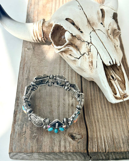 Western Style Turquoise Stone Rhinestone Stretch Bracelet