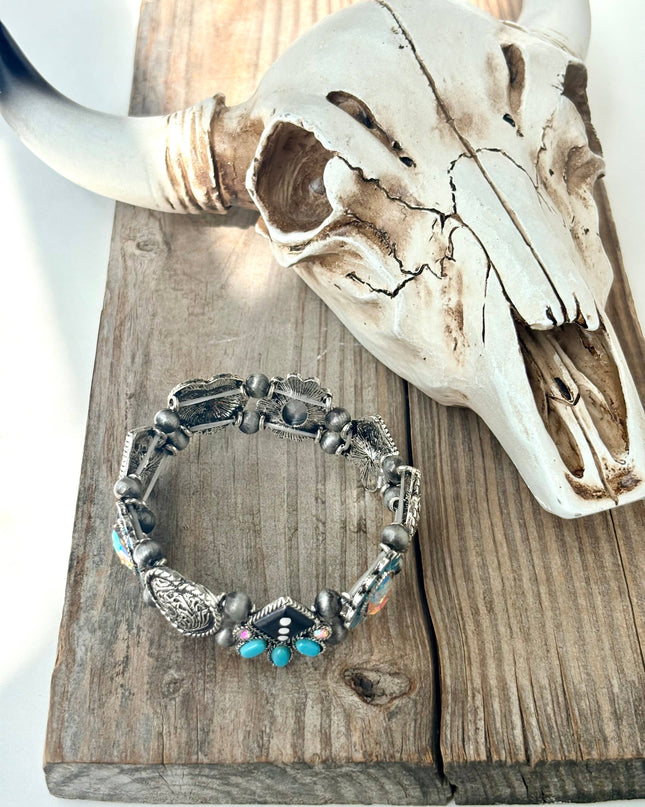 Western Style Turquoise Stone Rhinestone Stretch Bracelet