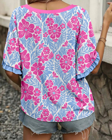 Sky Blue Floral Ruffle Sleeve Boho Blouse