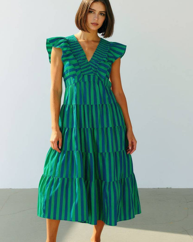 ID4508 Striped Ruffle-Sleeve Tiered Cotton Midi Dress