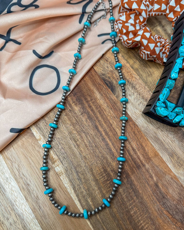 Faux Silver Rondelle Turquoise Beaded Navajo Pearl  Necklace