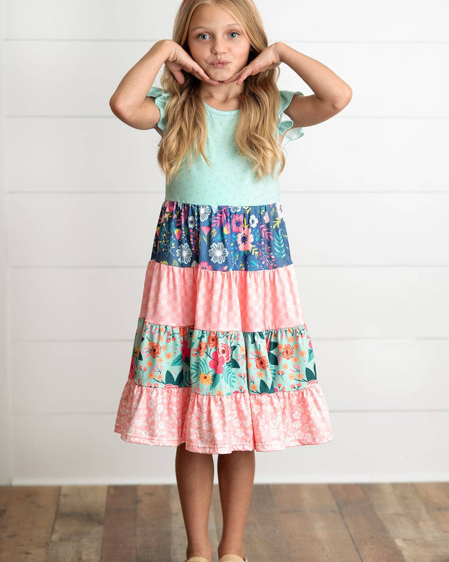Girls Ava Mint Pink Spring Summer Easter Floral Tiered Dress