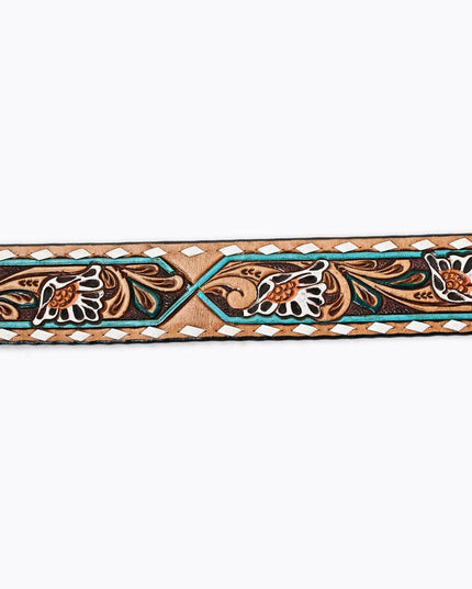 LC-ADBLF161 Tooled Leather Belt - White Daisy Floral with Teal Diamond Accents