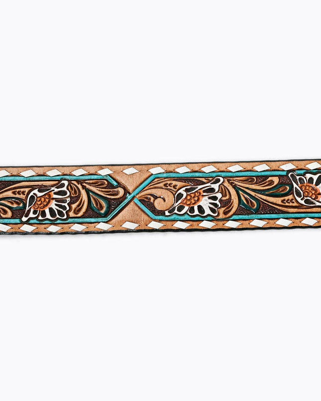 LC-ADBLF161 Tooled Leather Belt - White Daisy Floral with Teal Diamond Accents