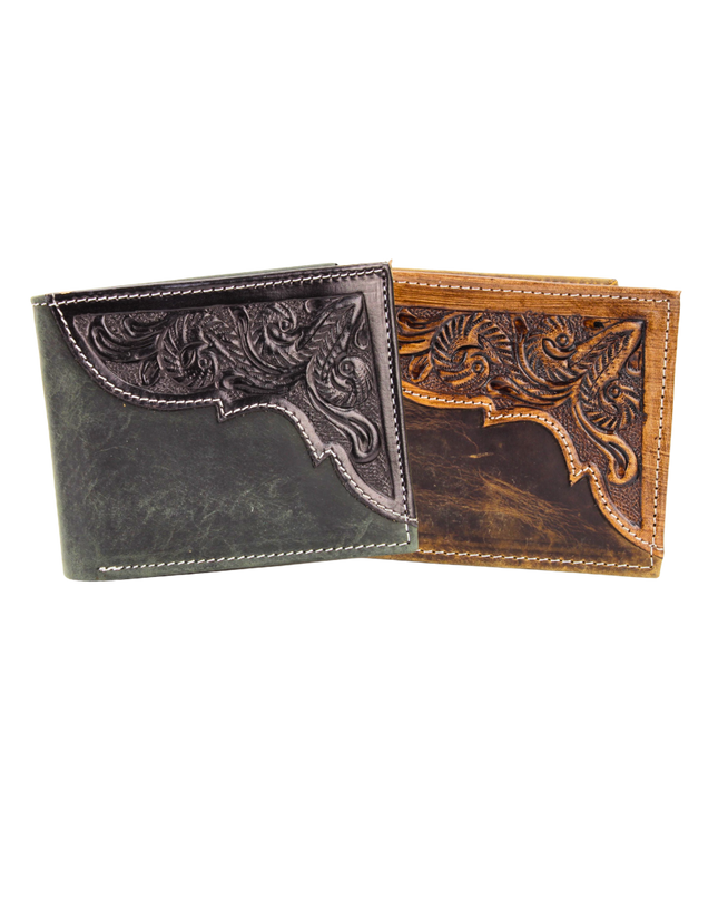 American Bison Oil Pull Up Bifold Wallet Tooled  ABW028