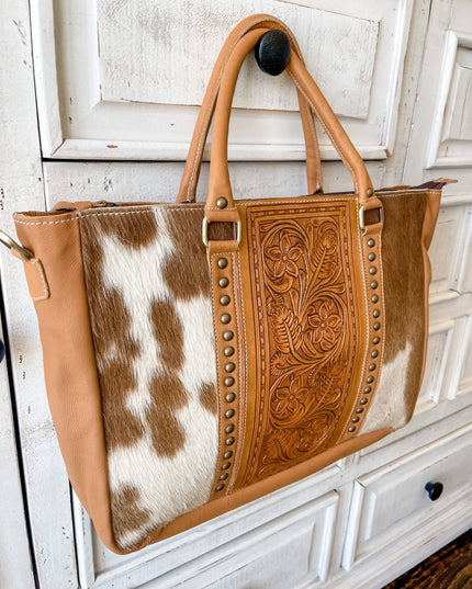 Hand Tooled Leather Cowhide Western Purse Tote Work Bag