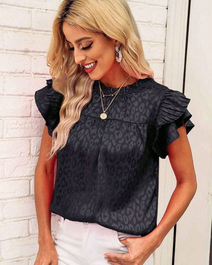 Women's Printed Lotus Leaf Sleeve Wavy Collar Top