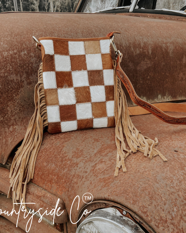 Stockdale Checkered Cowhide Fringe Purse, Brown & White
