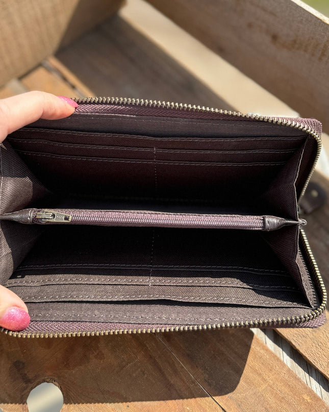 Western Checkbook wallet zipper closure tooled floral leather details by Double B Wild Rags