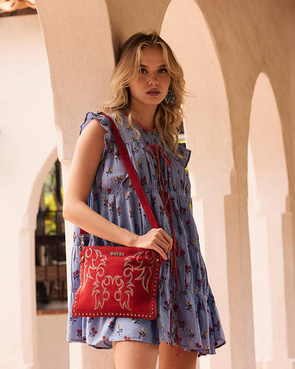 Texas Rose Western Embroidered Leather Bag in Scarlet Red