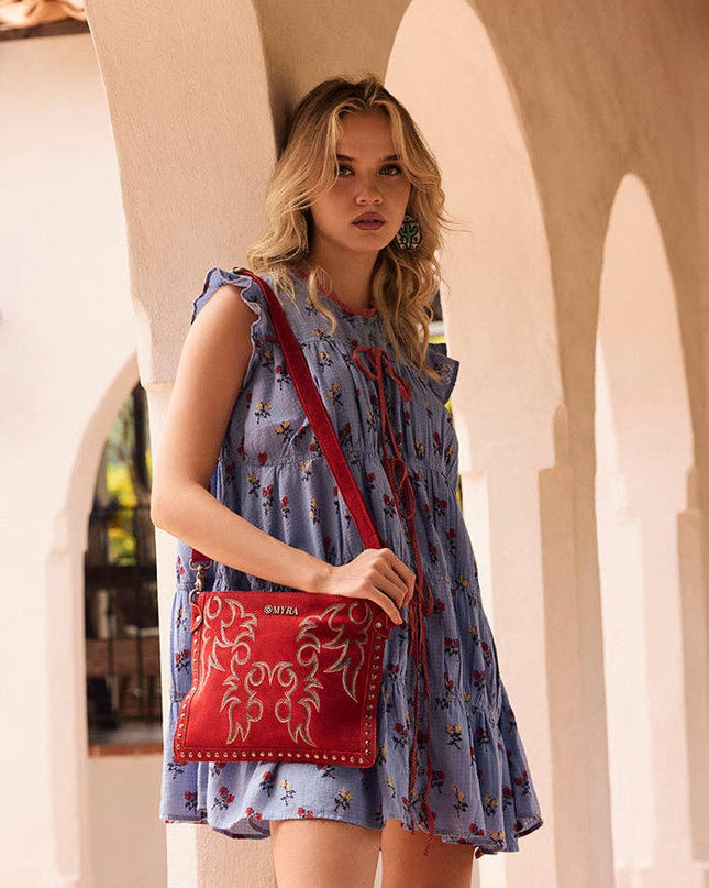 Texas Rose Western Embroidered Leather Bag in Scarlet Red