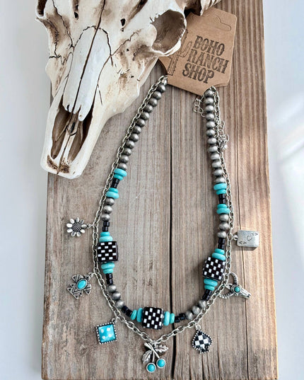 2 Layered Western Charm & Navajo Pearl Bead Choker Necklace