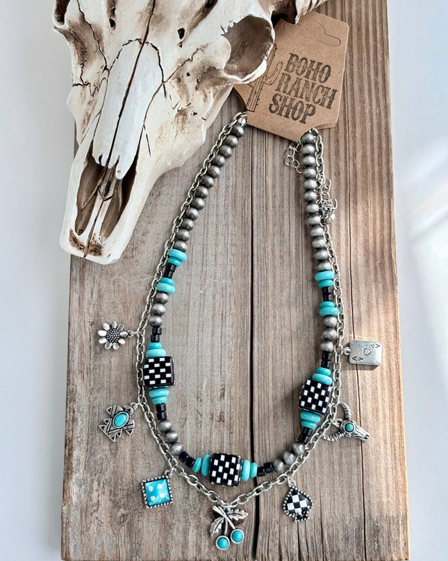 2 Layered Western Charm & Navajo Pearl Bead Choker Necklace