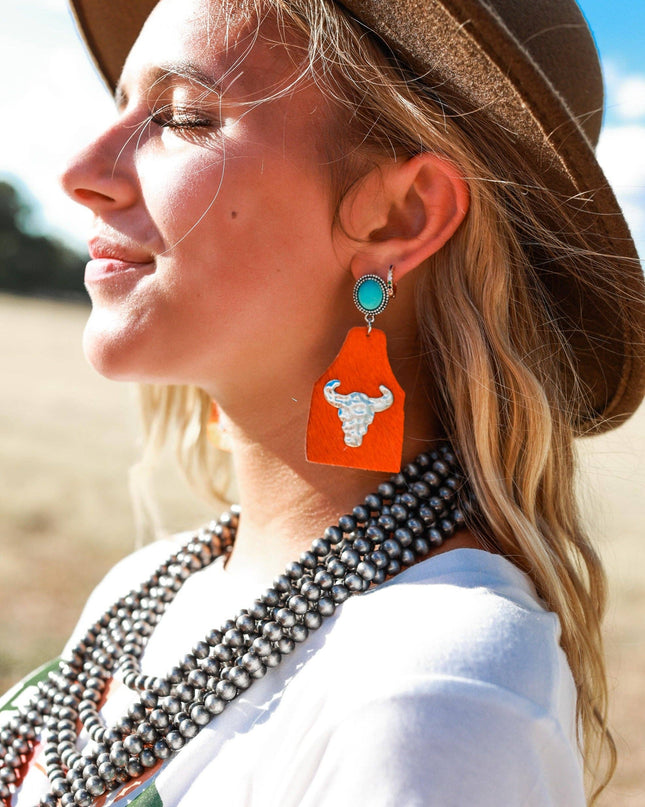 Take A Number Cowboy Orange Cowhide Copper Cow Skull Stud Earrings