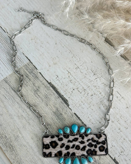 Western Turquoise & Leopard Necklace 20"