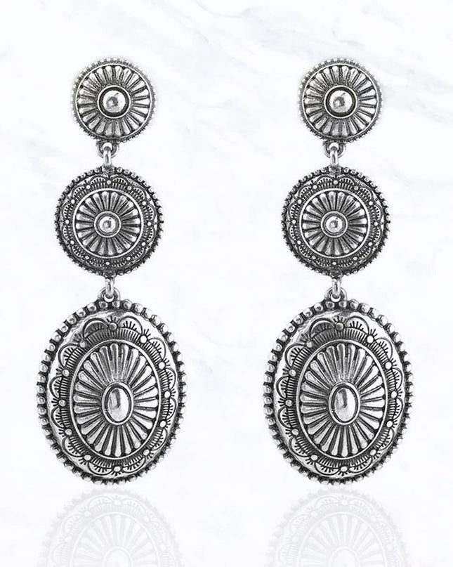 Metal Oval Concho Post Dangle Western Earrings