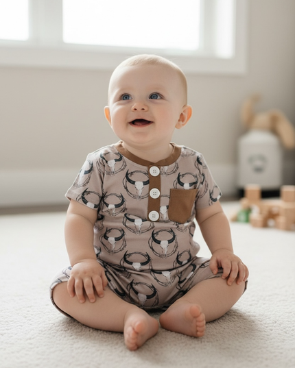 Bull skull printed baby romper with snaps. SR102704-AMY