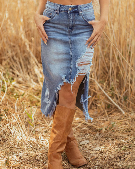 LALALOO Denim Distressed Midi Skirt