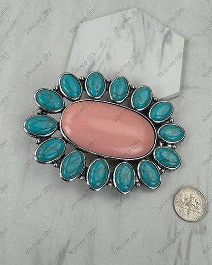BPD251230-01-RED-BLUE                     Silver metal with red and blue turquoise stone large oval Belt buckle