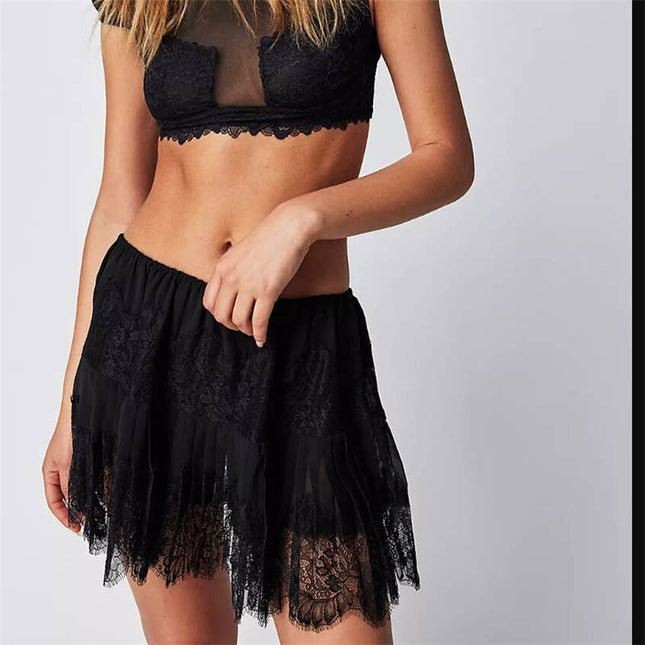 High Waist Lace Mini Skirt With Irregular Hem In Solid Color