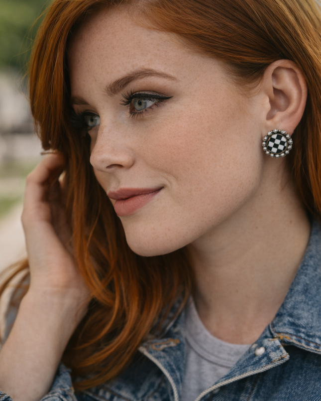 Midnight Checkered Concho Stud Earrings