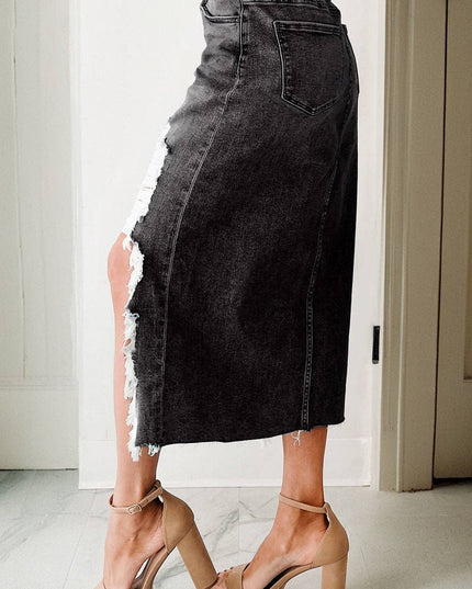 LALALOO Denim Distressed Midi Skirt