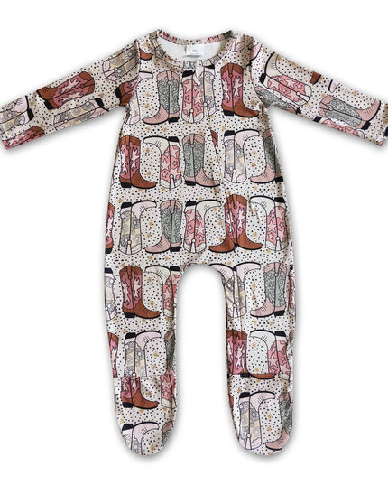 Boots print baby western footed zip coverall
