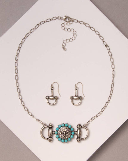 Western Horsebit Steerhead Stone Necklace and Earring Set