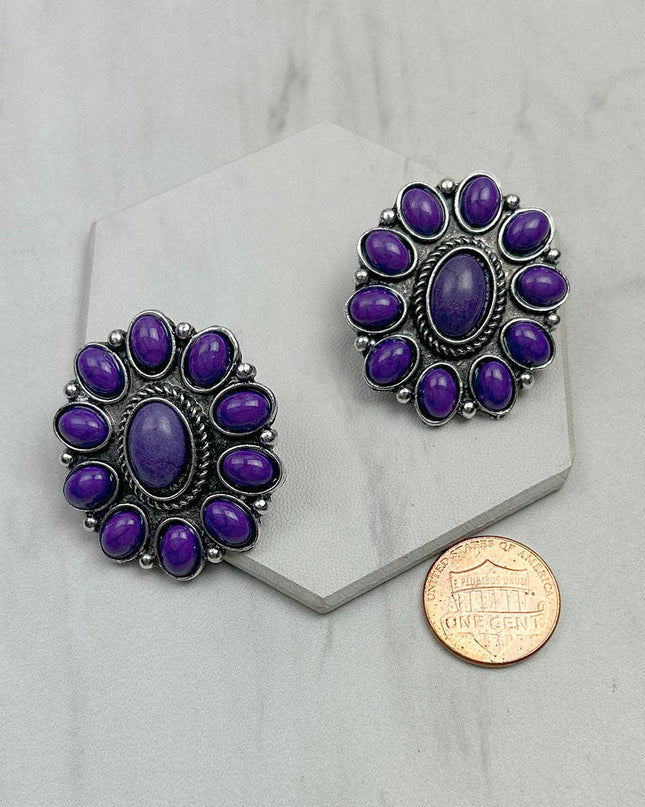 ER221115-03-PURPLE            Silver metal with purple stone beads oval Earrings