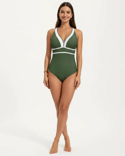 One Piece Swimsuit with Deep V Neck Contrast Trim and Sculpted Waist Design