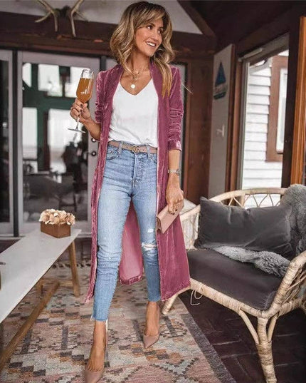 Loose Velvet Long Cardigan Coat With Elasticity