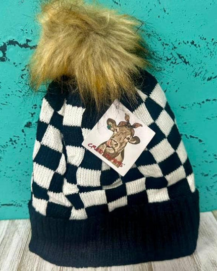 Checkered Fur Pom Beanies