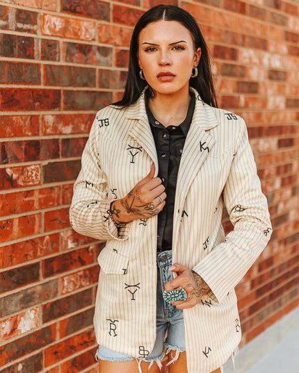 Beige Pin Stripe Cattle Branded Camel Western Yoke Blazer