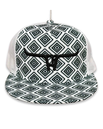 "CA Longhorn" Black Puff - CA Black Aztec/White Mesh, Snapback Cap (2025)
