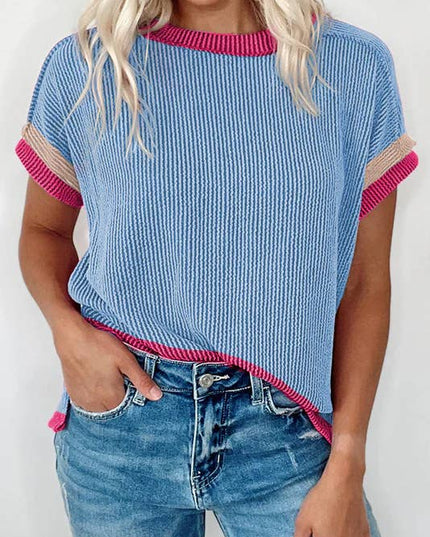 Textured Contrast Trim Round Neck T Shirt