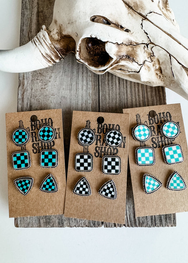 Western Checker Shape Post Combo Earring Set