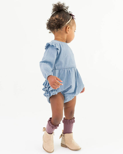Baby Girls Light Wash Denim Long Sleeve Flutter Bubble Romper