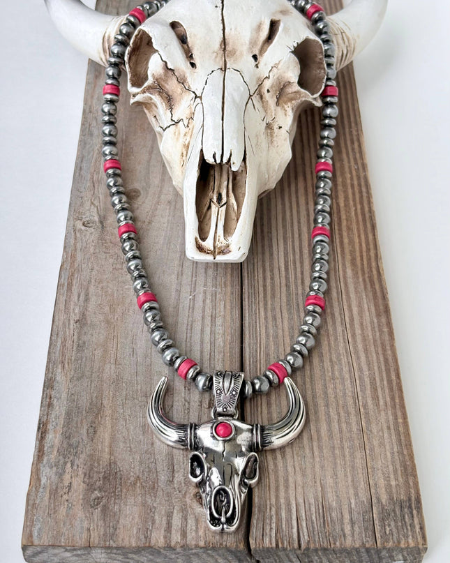 Western Style Navajo Pearl Bead Steer Head Pendant Necklace