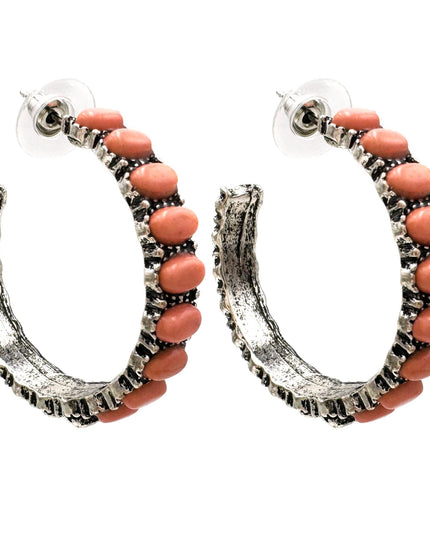 Peach Pink Color Stone C Hoop Earrings