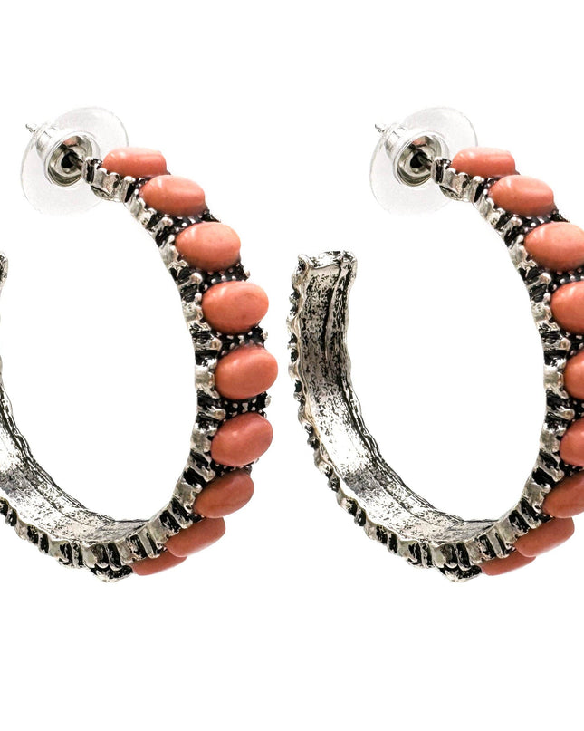 Peach Pink Color Stone C Hoop Earrings