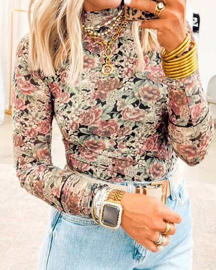 Black Retro Floral Print Mock Neck Mesh Long Sleeve Top