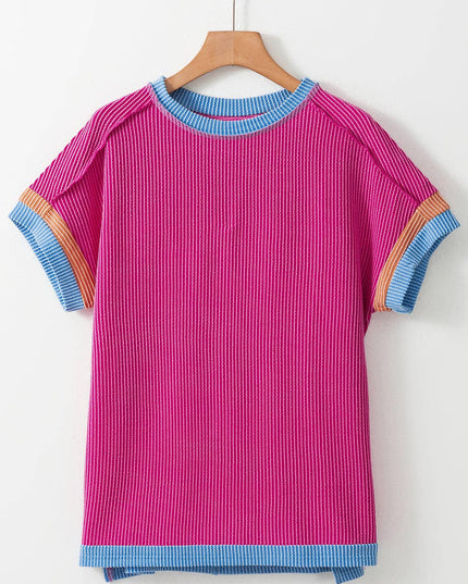 Textured Contrast Trim Round Neck T Shirt