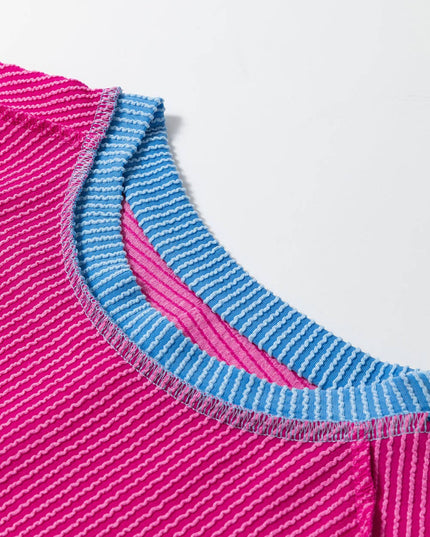 Textured Contrast Trim Round Neck T Shirt